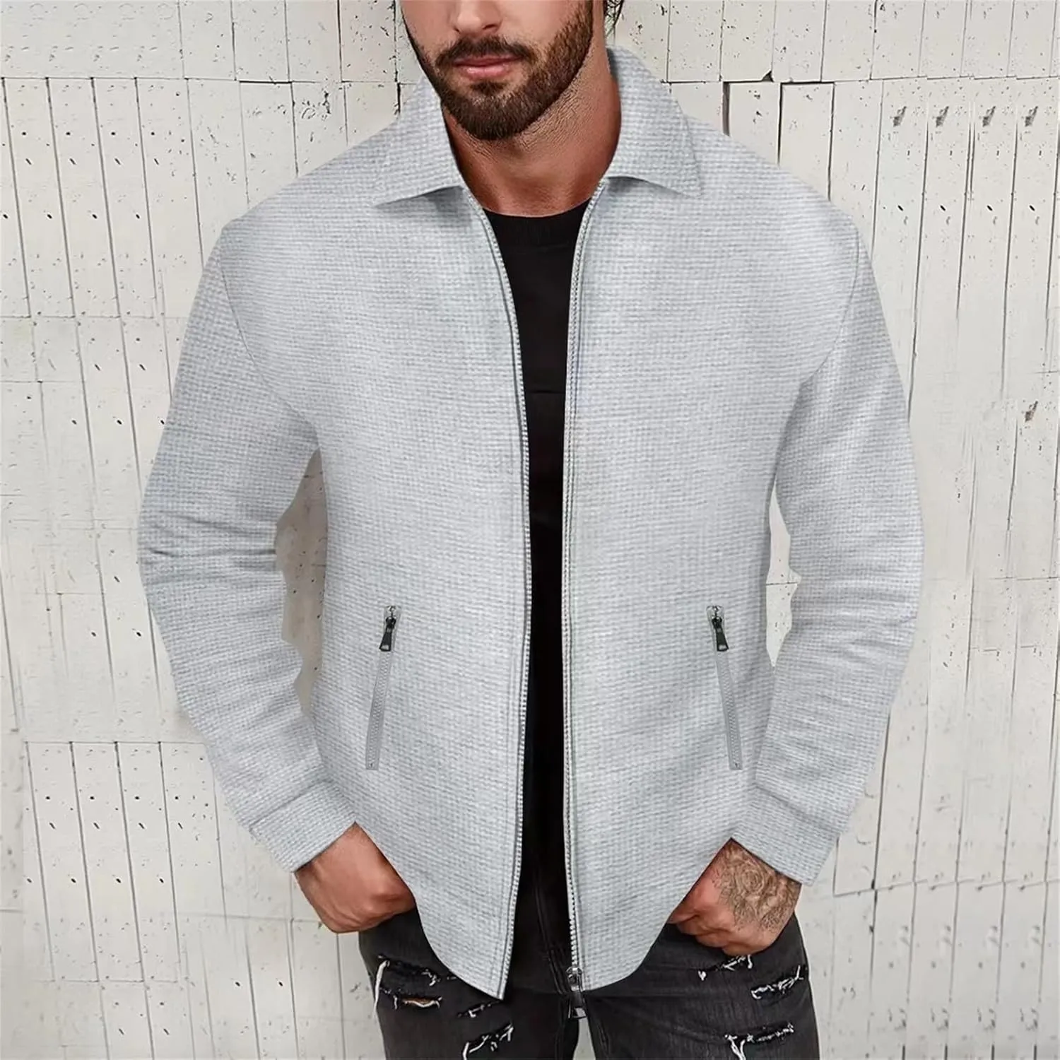Mens Fleece Jackets Lightweight Full Zip Up Shawl Collar Waffle Knit Track Jackets Long Sleeve Casual Running Jacket