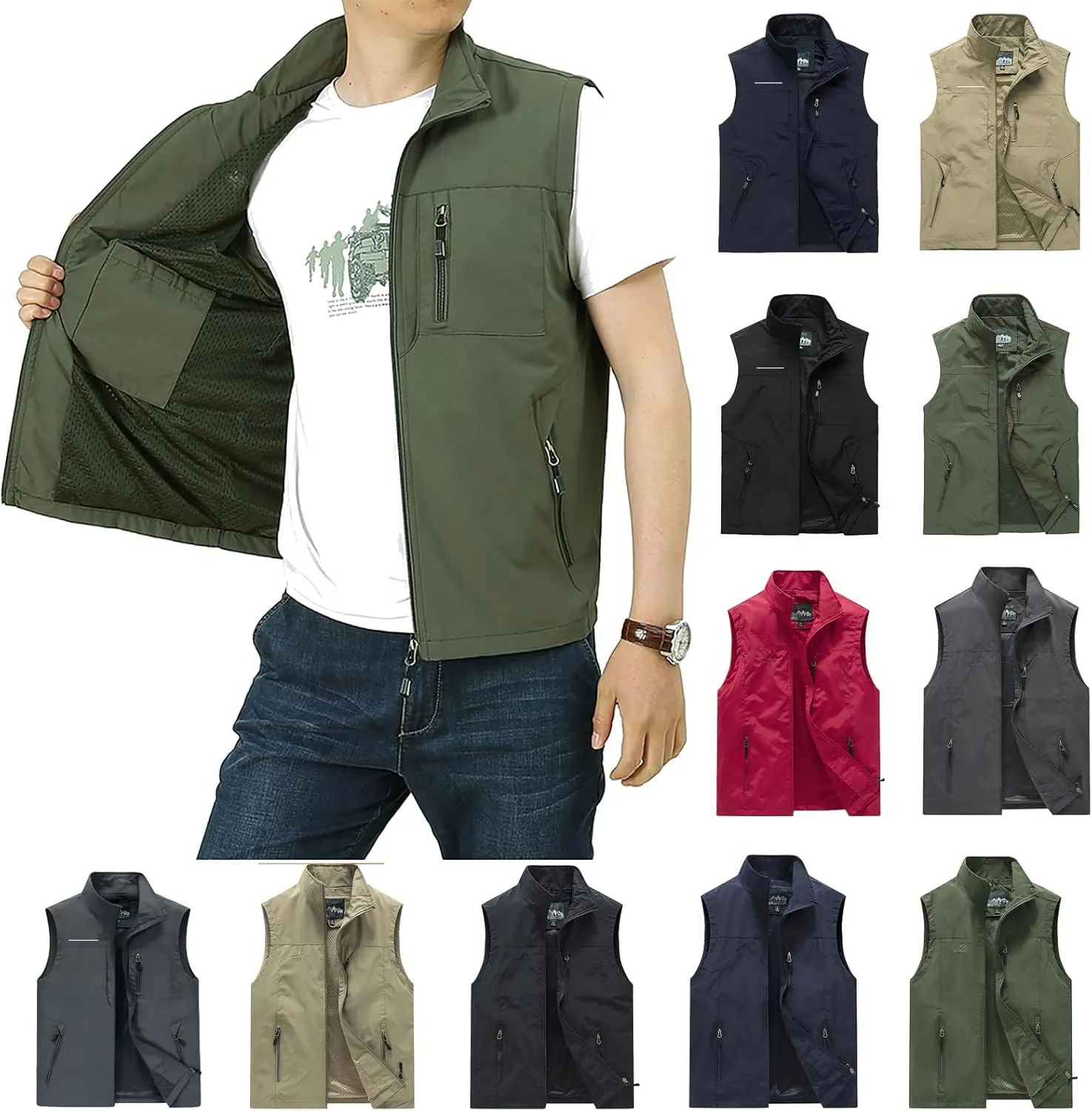 Mens Lightweight Travel Vest with Hidden Pocket Casual Utility Outdoor Vest Work Fish Tactical CAGO Jackets