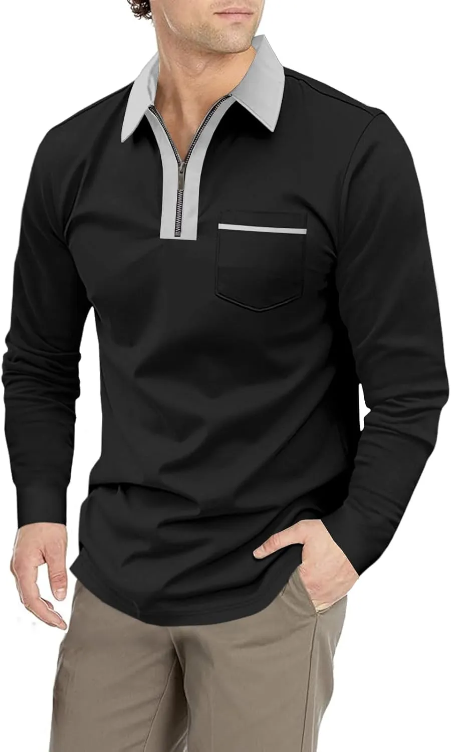 Men's Long Sleeve Polo Shirt Casual Zip Polo Shirt Classic Collared Golf Shirt with Pocket
