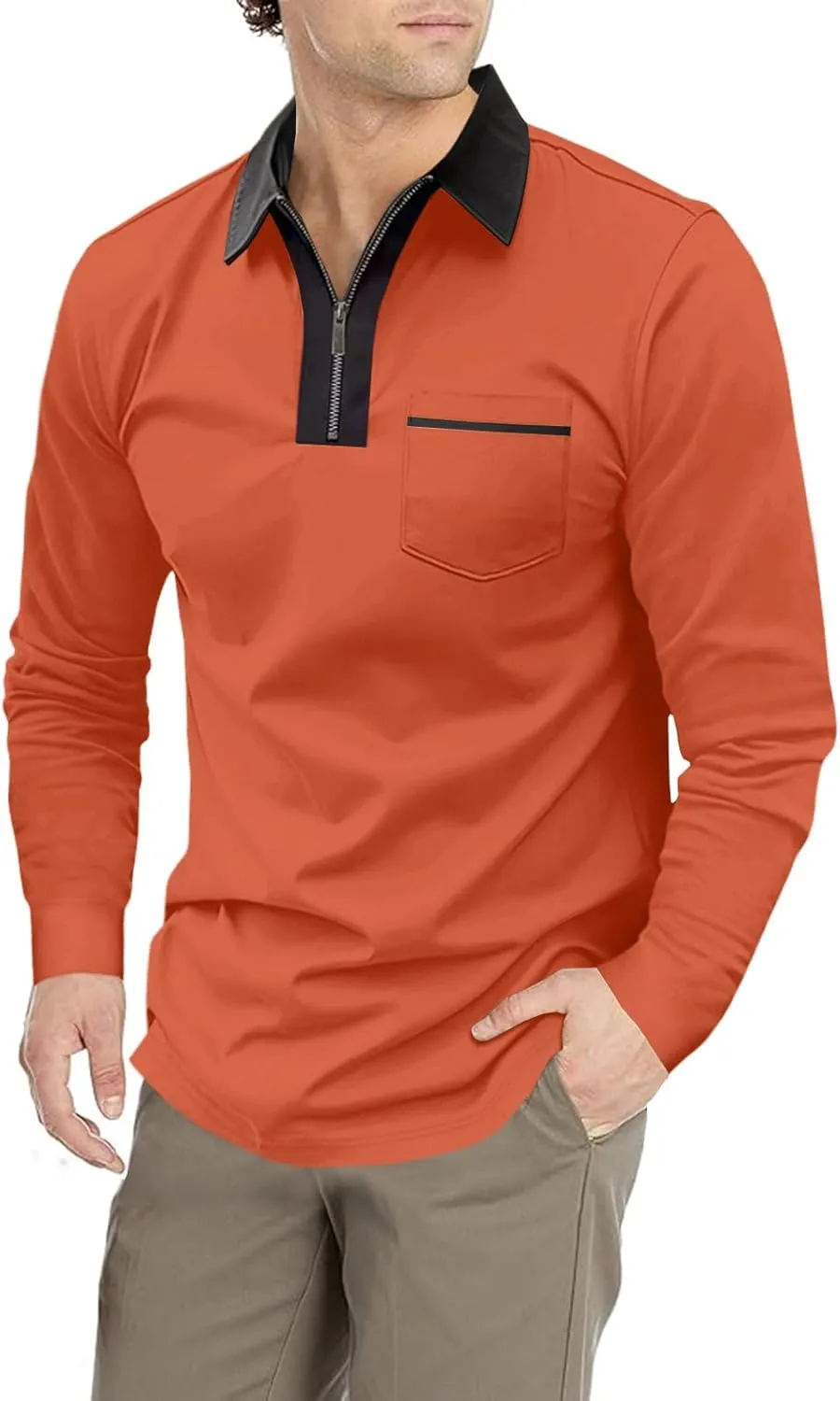Men's Long Sleeve Polo Shirt Casual Zip Polo Shirt Classic Collared Golf Shirt with Pocket