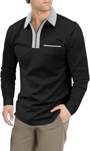 Men's Long Sleeve Polo Shirt Casual Zip Polo Shirt Classic Collared Golf Shirt with Pocket