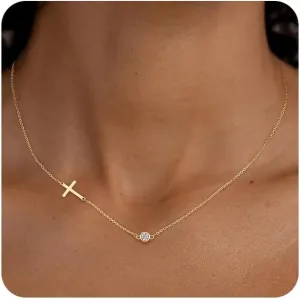 MIDEEO Cross Necklace for Women, Dainty 14k Gold Plated Cross Pendant Necklace Gold Cross Birthstone Necklace Tiny Sideway Cross Choker Necklace Trendy Christmas Gift for Women