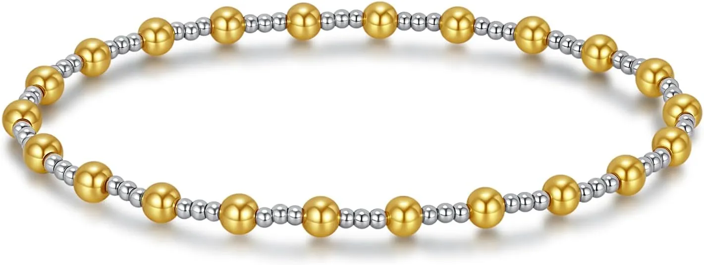 Mixed Metal Bracelet Non Tarnish Stainless Steel Gold Bead Bracelet Silver and Gold Two Tone Waterproof Stretch Bangle for Women