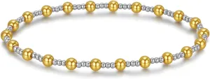 Mixed Metal Bracelet Non Tarnish Stainless Steel Gold Bead Bracelet Silver and Gold Two Tone Waterproof Stretch Bangle for Women