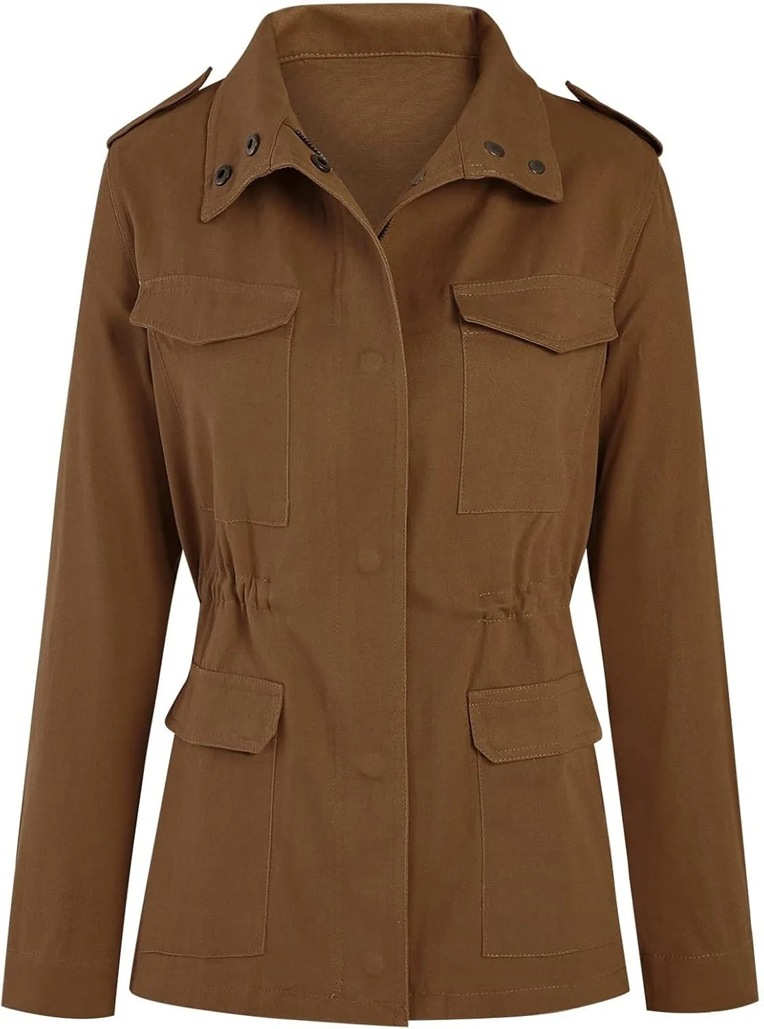 Miyaomn Military Safari Utility Casual Jacket for Women Zip Up Snap Button Turndown Collar Lightweight Fall Coat with Pockets