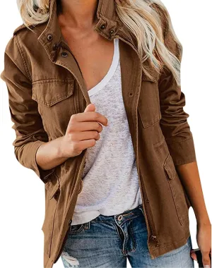 Miyaomn Military Safari Utility Casual Jacket for Women Zip Up Snap Button Turndown Collar Lightweight Fall Coat with Pockets