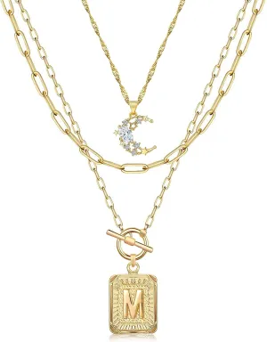 MJartoria Layered Initial Necklaces for Women Trendy, 14K Gold Plated Simple Moon Choker Square Letter Pendant Necklace, Paperclip Chain Necklace, Gold Necklaces Jewelry Gifts