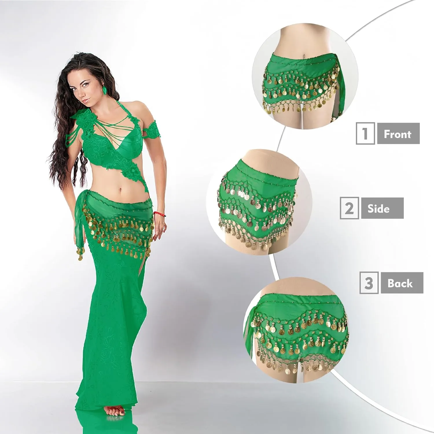 MOLFUJ Belly Dance Hip Scarf with 128 Gold Coins, Belly Dancer Belt Scarf Skirt for Women