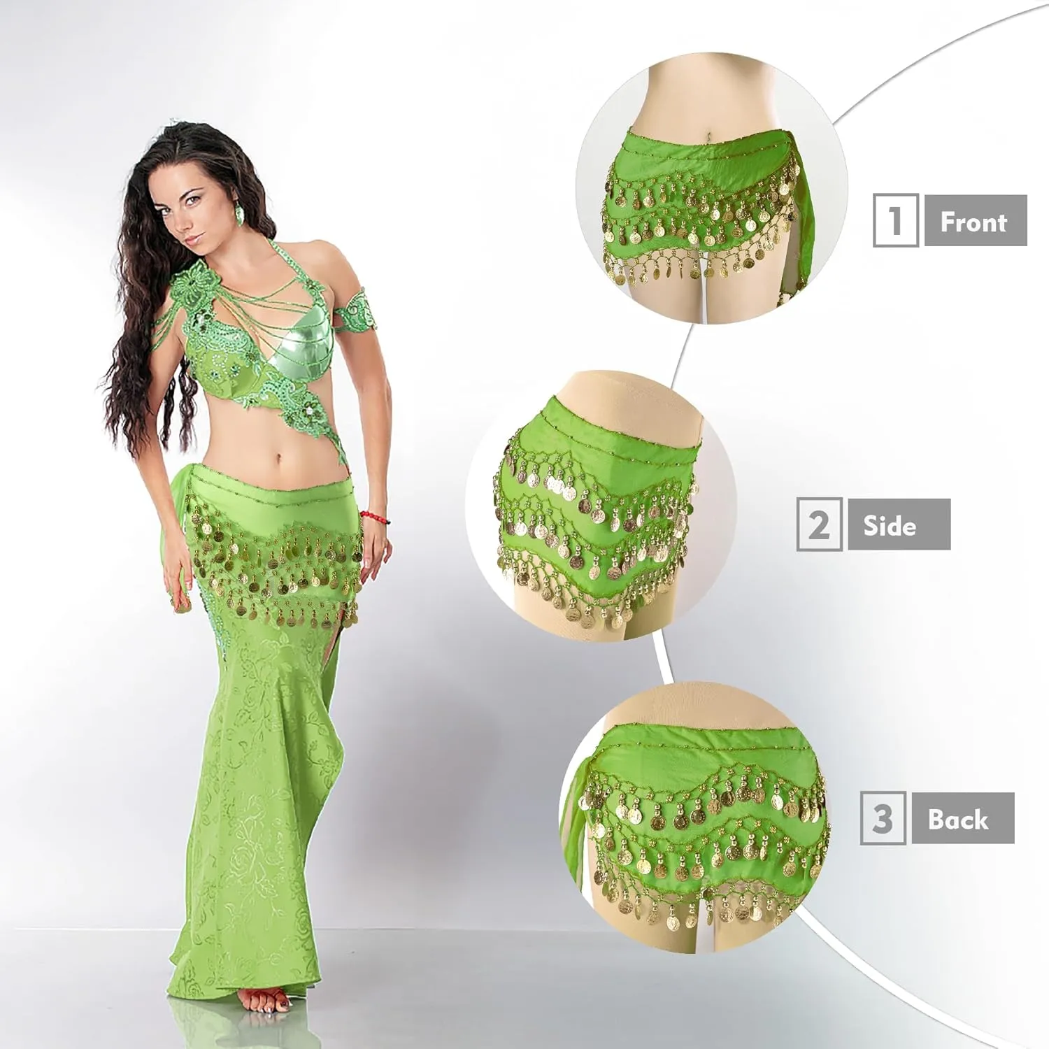 MOLFUJ Belly Dance Hip Scarf with 128 Gold Coins, Belly Dancer Belt Scarf Skirt for Women