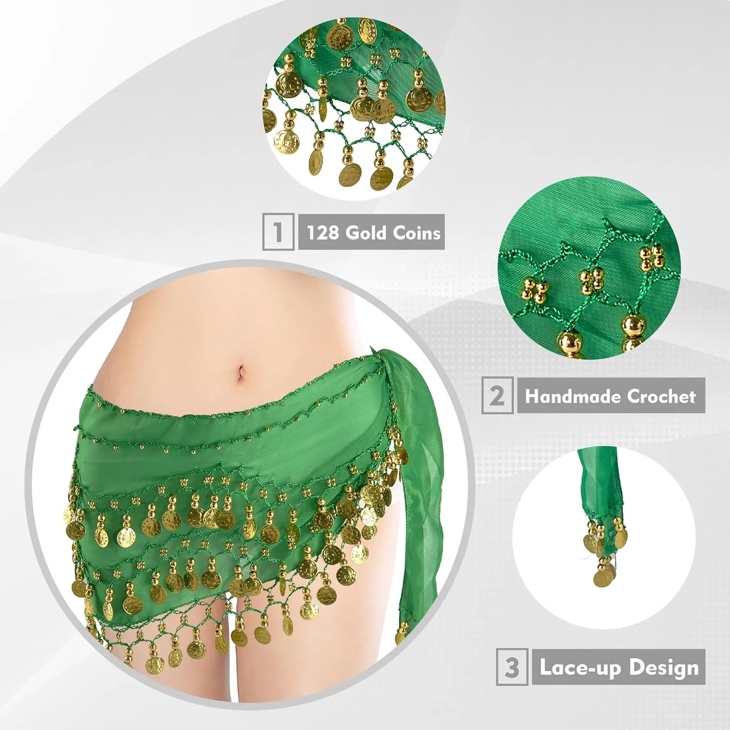 MOLFUJ Belly Dance Hip Scarf with 128 Gold Coins, Belly Dancer Belt Scarf Skirt for Women