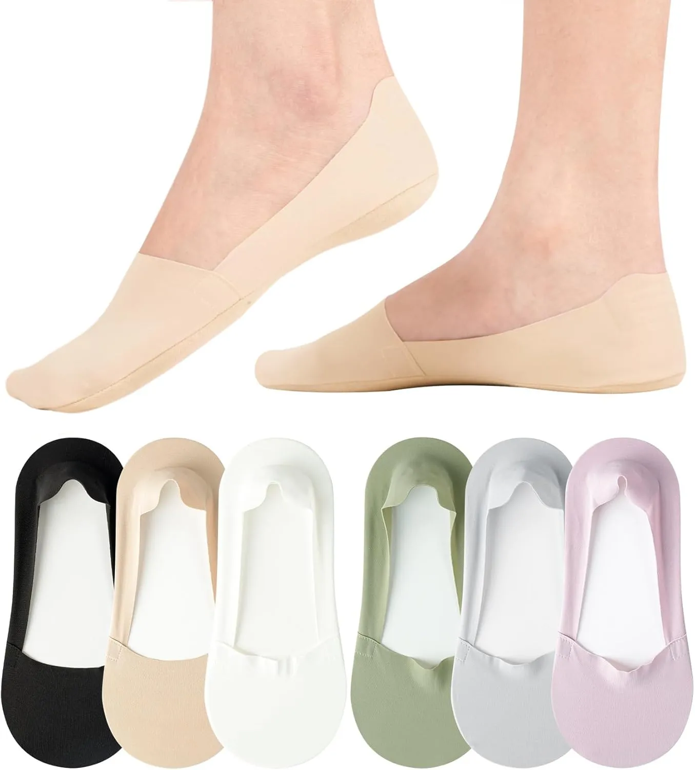 No Show Socks Womens Nylon Non Slip Low Cut Invisible Liner Footies Thin Silk Socks for Flats Loafers Lightweight 6 Pairs