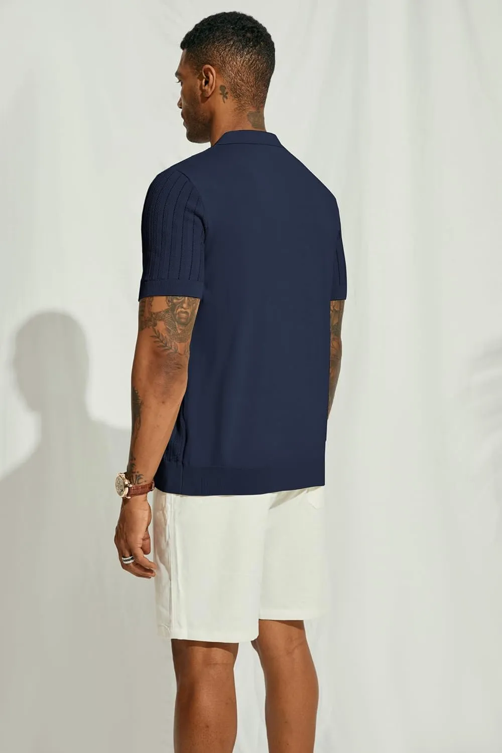 PJ PAUL JONES Mens Knit Shirt Short Sleeve Summer Hollow Out Shirt Beach Button Down Shirt