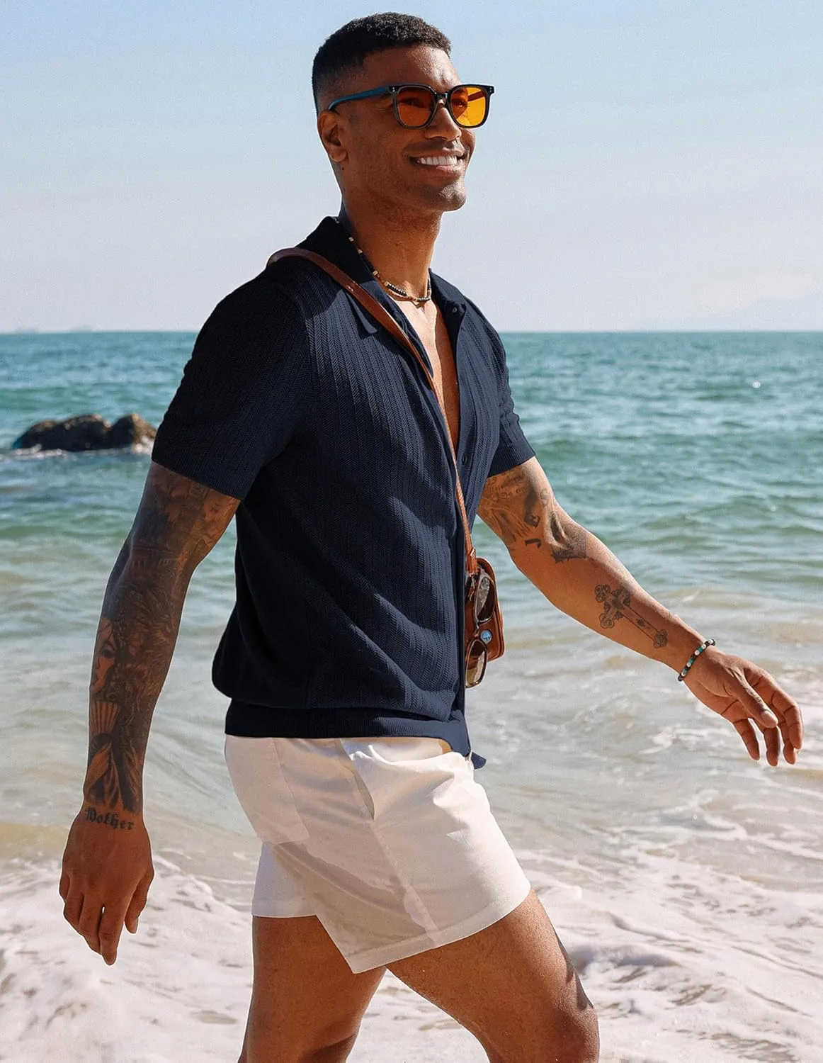 PJ PAUL JONES Mens Knit Shirt Short Sleeve Summer Hollow Out Shirt Beach Button Down Shirt