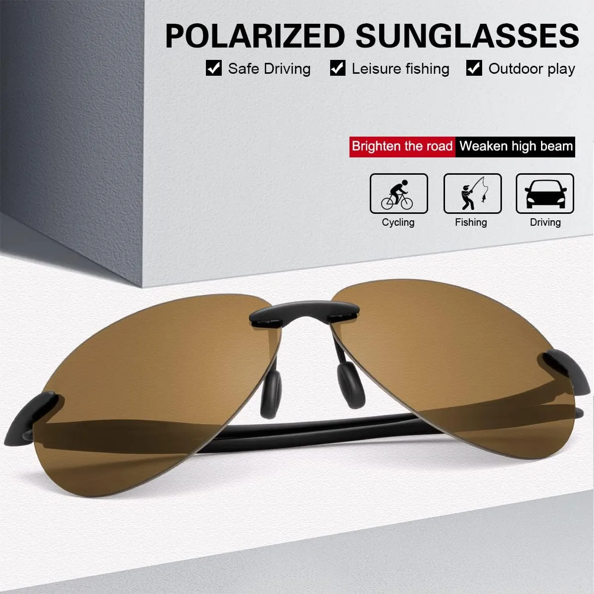 Polarized Sunglasses for Men and Women Rimless Frame Driving Glasses UV400 Protection Shades Sport Eyewear Eyeglasses