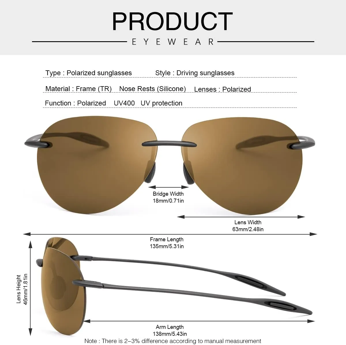 Polarized Sunglasses for Men and Women Rimless Frame Driving Glasses UV400 Protection Shades Sport Eyewear Eyeglasses