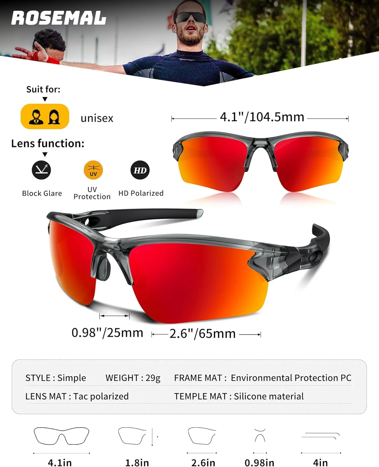 Polarized Sunglasses for Men Women Running Sunglasses Sports Cycling Driving Fishing Baseball Golf TAC UV400 TR90