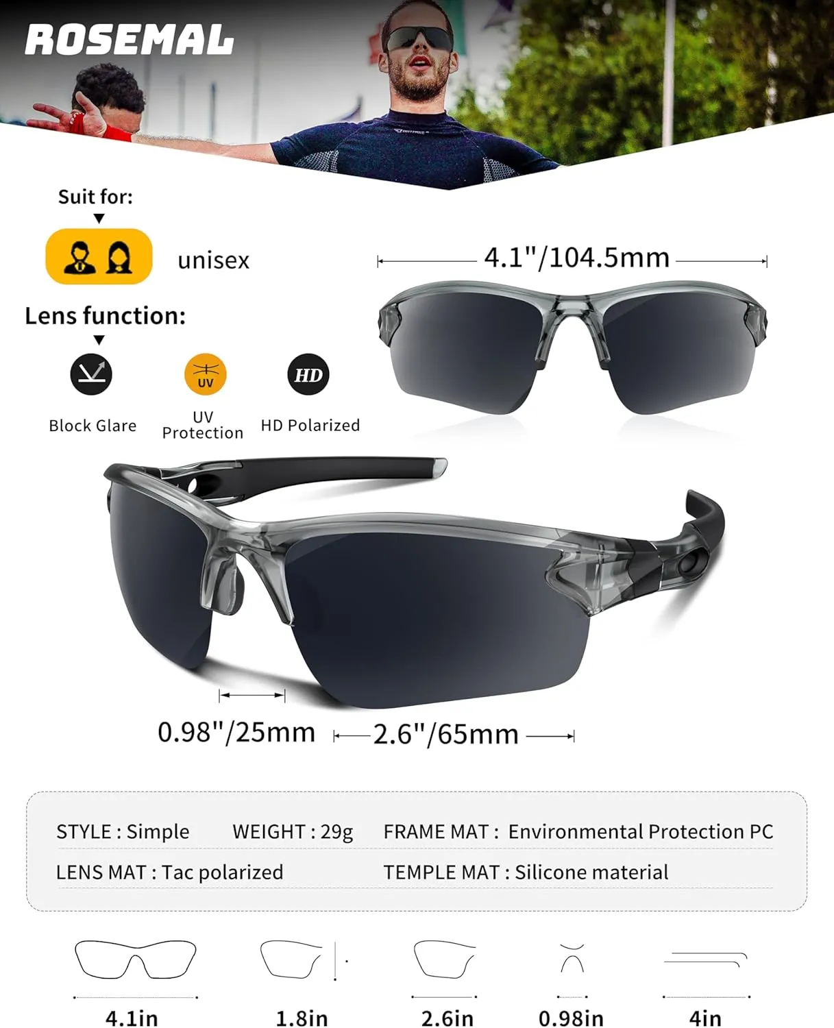 Polarized Sunglasses for Men Women Running Sunglasses Sports Cycling Driving Fishing Baseball Golf TAC UV400 TR90