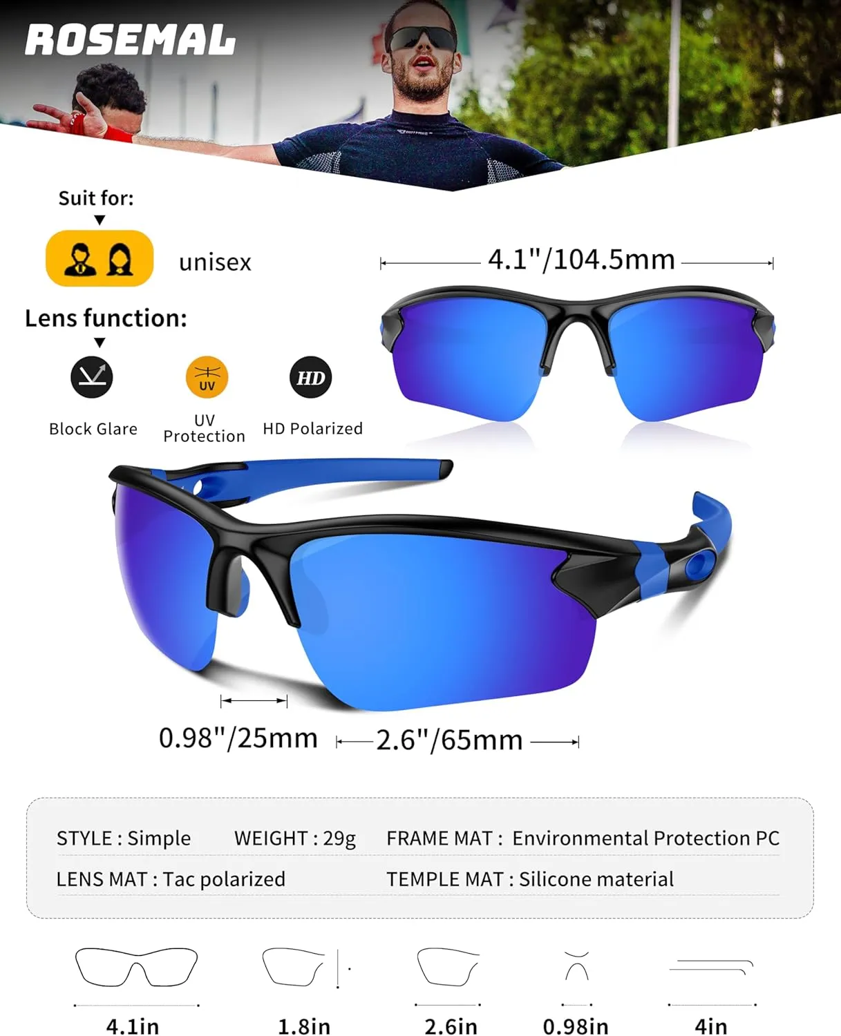 Polarized Sunglasses for Men Women Running Sunglasses Sports Cycling Driving Fishing Baseball Golf TAC UV400 TR90