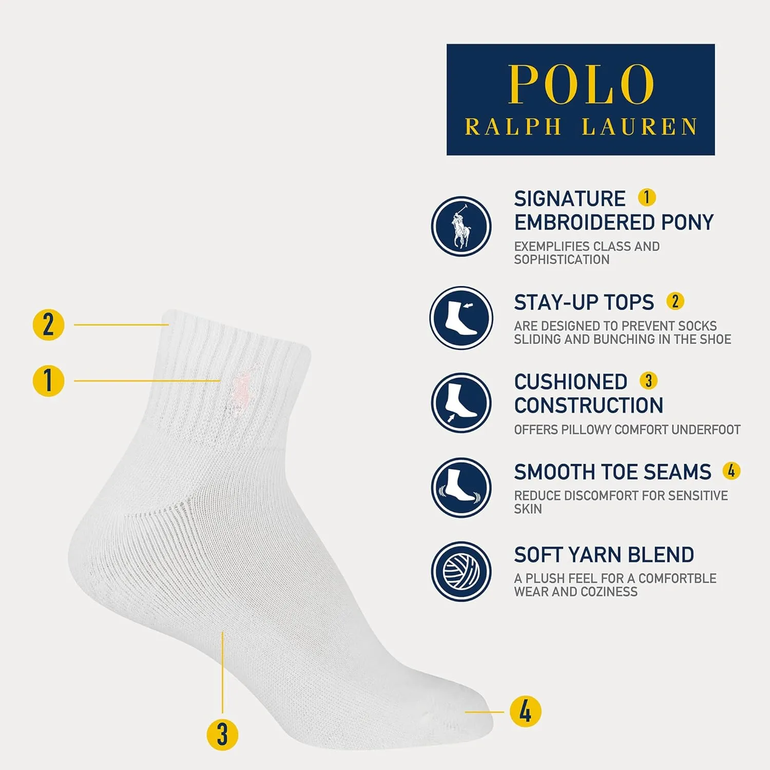 Polo Ralph Lauren Girls' Classic Sport Ankle Socks-6 Pair Pack-Soft Stretchy Yarn & Stay Up Top