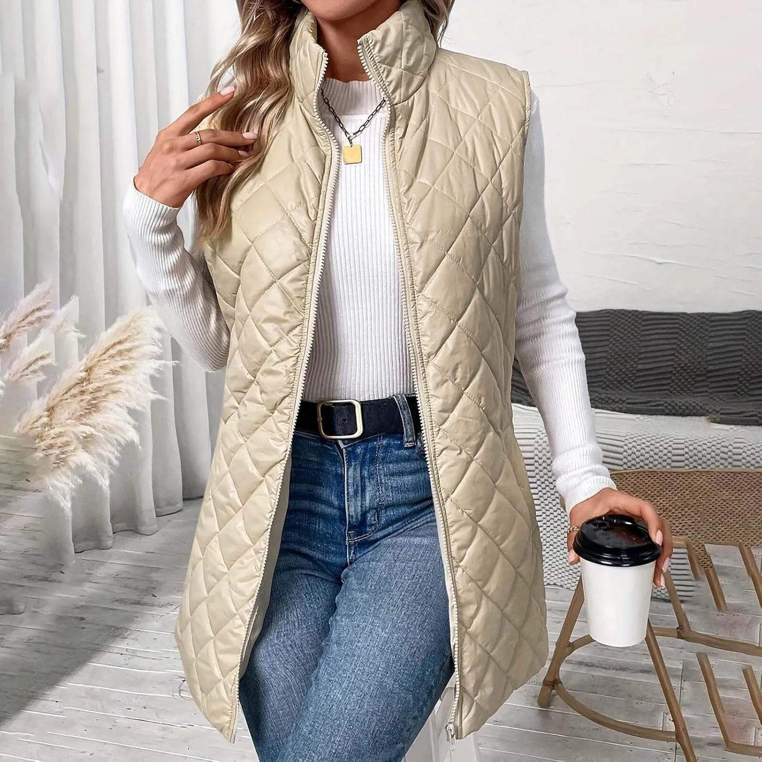 Puffer Vest for Women 2024 Winter Quilted Padded Warm Coat Stand Collar Full Zip Sleeveless Bubble Jacket Outwear
