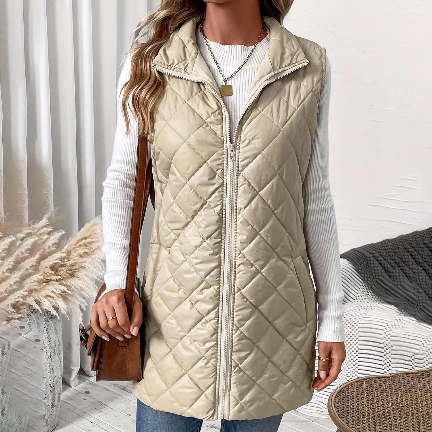 Puffer Vest for Women 2024 Winter Quilted Padded Warm Coat Stand Collar Full Zip Sleeveless Bubble Jacket Outwear