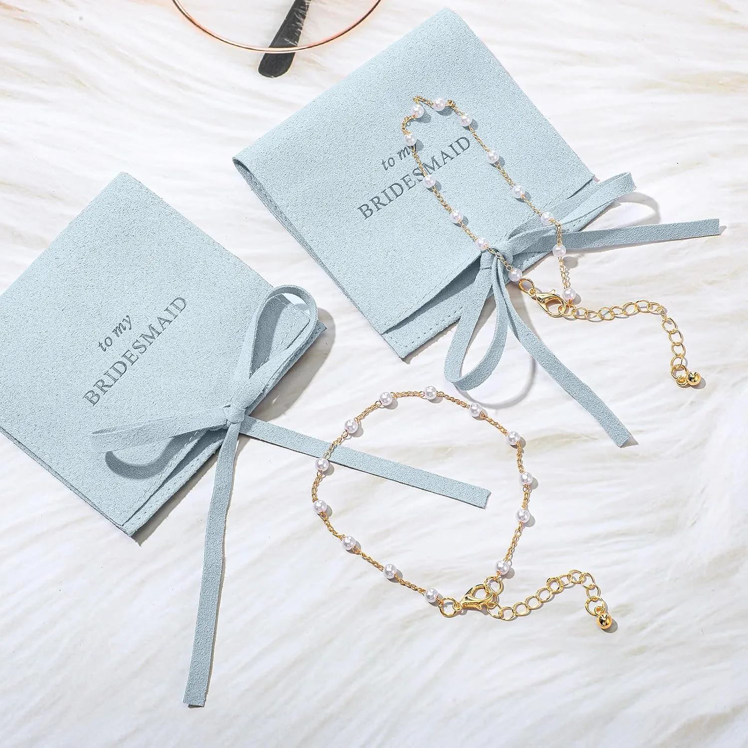 Quelay 16 Pcs Jewelry Bridesmaid Gift Pearl Bracelet Microfiber Jewelry Bag Pouch Set of 8 for Wedding Bridal Party Favor