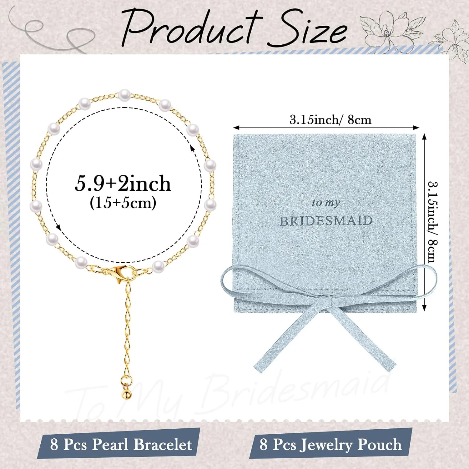 Quelay 16 Pcs Jewelry Bridesmaid Gift Pearl Bracelet Microfiber Jewelry Bag Pouch Set of 8 for Wedding Bridal Party Favor