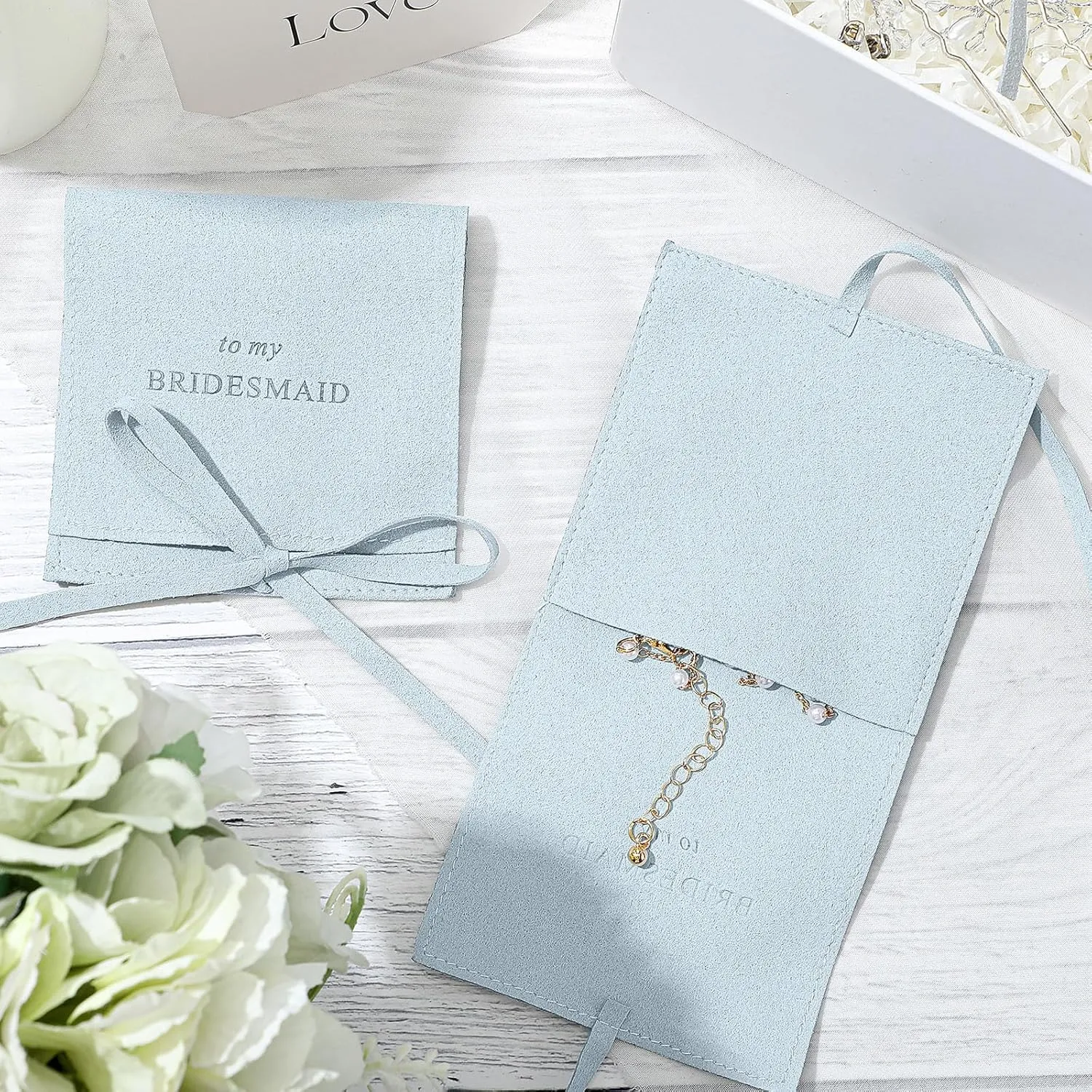 Quelay 16 Pcs Jewelry Bridesmaid Gift Pearl Bracelet Microfiber Jewelry Bag Pouch Set of 8 for Wedding Bridal Party Favor