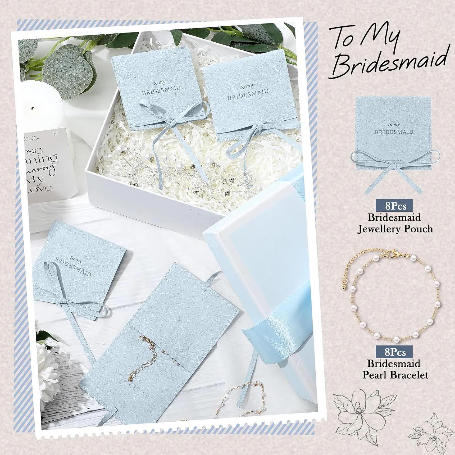 Quelay 16 Pcs Jewelry Bridesmaid Gift Pearl Bracelet Microfiber Jewelry Bag Pouch Set of 8 for Wedding Bridal Party Favor