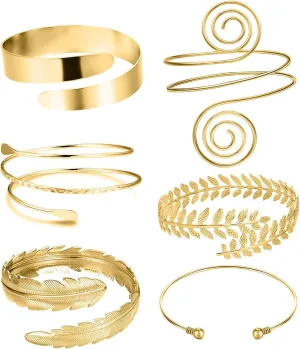 RIOSO 6 Pieces Arm Cuff Upper Arm Band Cuff Bracelet Bangle for Women Silver Gold Adjustable Armband Set