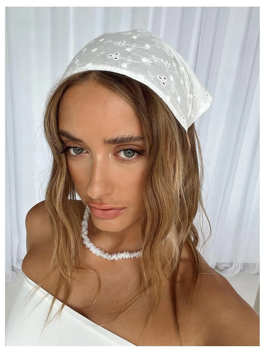SHENHE Women's Head Scarf Elastic Eyelet Embroidered Headband Hair Bandana Head Kerchief White One-Size