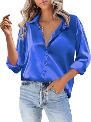 Silk Blouse for Women Satin Silk Button Down Shirt V Neck Long Sleeve Shirts Elegant Dressy Business Work Office Tops