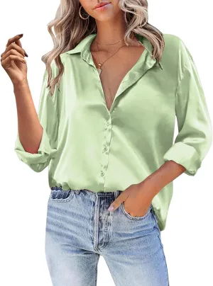 Silk Blouse for Women Satin Silk Button Down Shirt V Neck Long Sleeve Shirts Elegant Dressy Business Work Office Tops