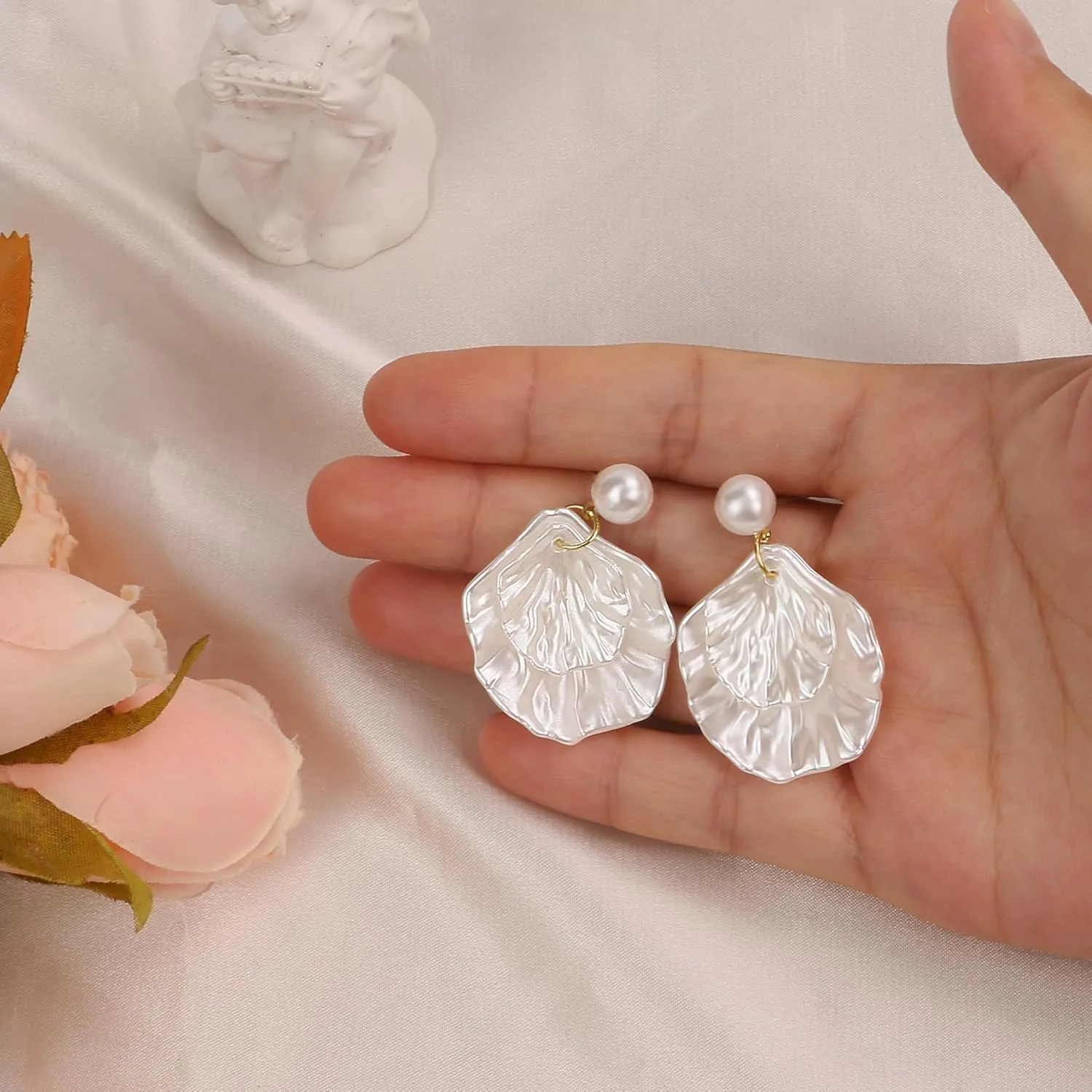 SmileBelle Pearl Earrings For Women, Ear Climbers Earrings For Women White Flower Drop Jewelry, Freshwater Pearl Bridal Jewelry As Summer Tassel Accessories for Wedding Gifts