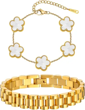Stackable Gold Floral Bracelets Set , 2pcs 18K Gold Plated Bracelet Non-tarnish,Stainless Steel Link Chain Friendship Bracelet,Watch Band Trendy Jewelry,Christmas Valentines Birthday Gifts for Women