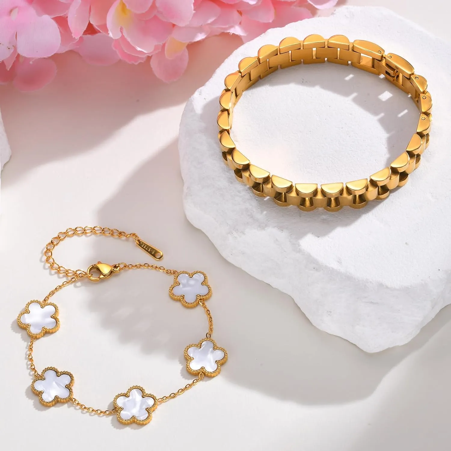 Stackable Gold Floral Bracelets Set , 2pcs 18K Gold Plated Bracelet Non-tarnish,Stainless Steel Link Chain Friendship Bracelet,Watch Band Trendy Jewelry,Christmas Valentines Birthday Gifts for Women