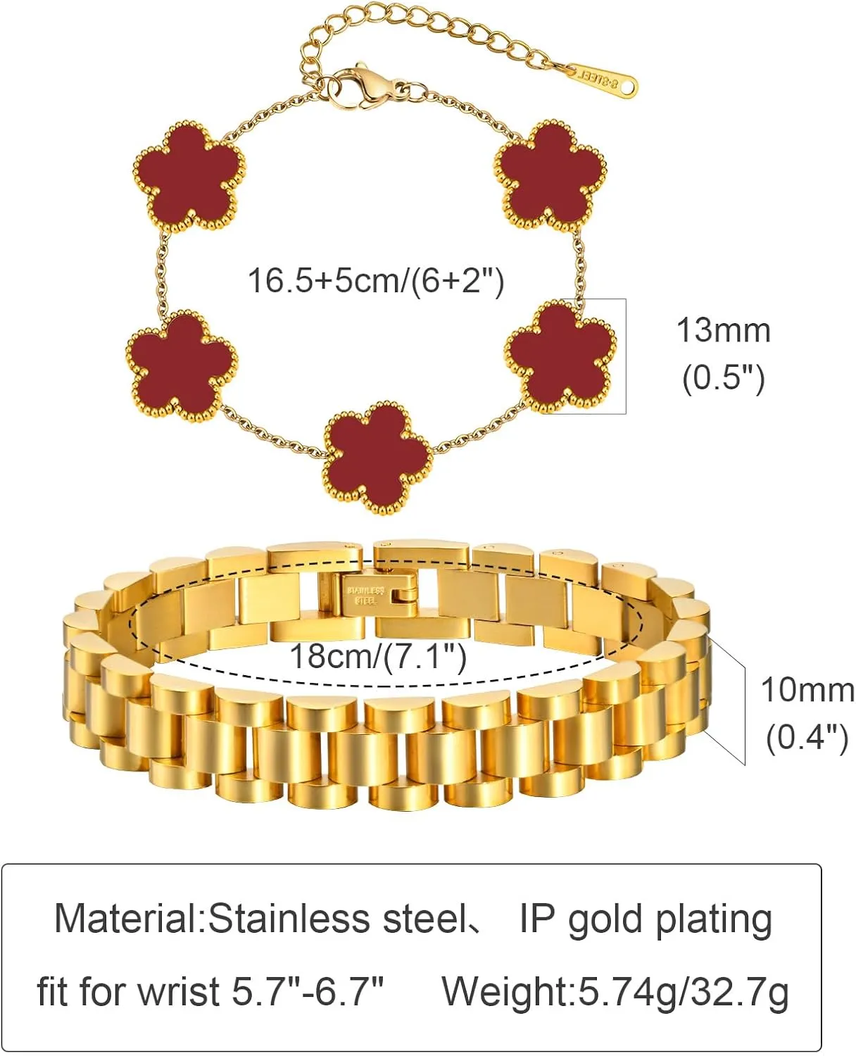 Stackable Gold Floral Bracelets Set , 2pcs 18K Gold Plated Bracelet Non-tarnish,Stainless Steel Link Chain Friendship Bracelet,Watch Band Trendy Jewelry,Christmas Valentines Birthday Gifts for Women