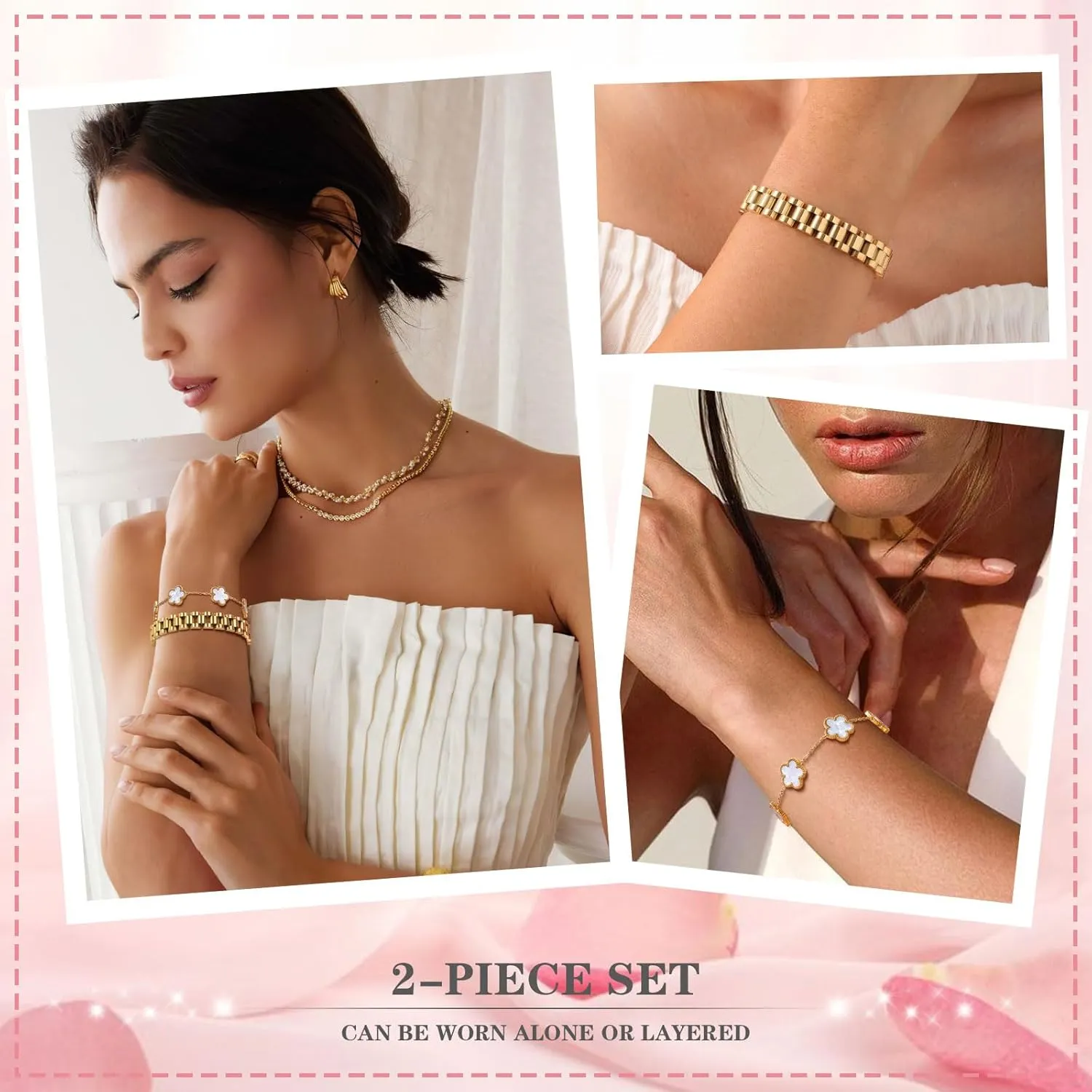 Stackable Gold Floral Bracelets Set , 2pcs 18K Gold Plated Bracelet Non-tarnish,Stainless Steel Link Chain Friendship Bracelet,Watch Band Trendy Jewelry,Christmas Valentines Birthday Gifts for Women