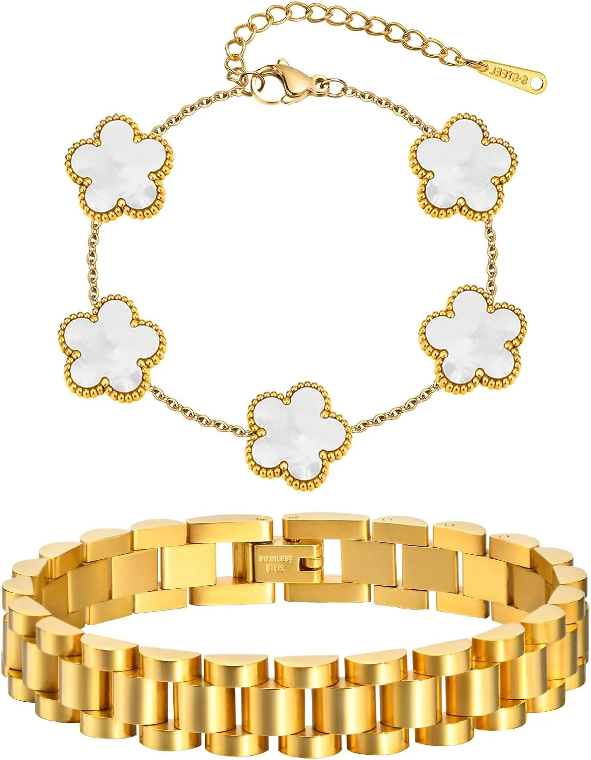 Stackable Gold Floral Bracelets Set , 2pcs 18K Gold Plated Bracelet Non-tarnish,Stainless Steel Link Chain Friendship Bracelet,Watch Band Trendy Jewelry,Christmas Valentines Birthday Gifts for Women