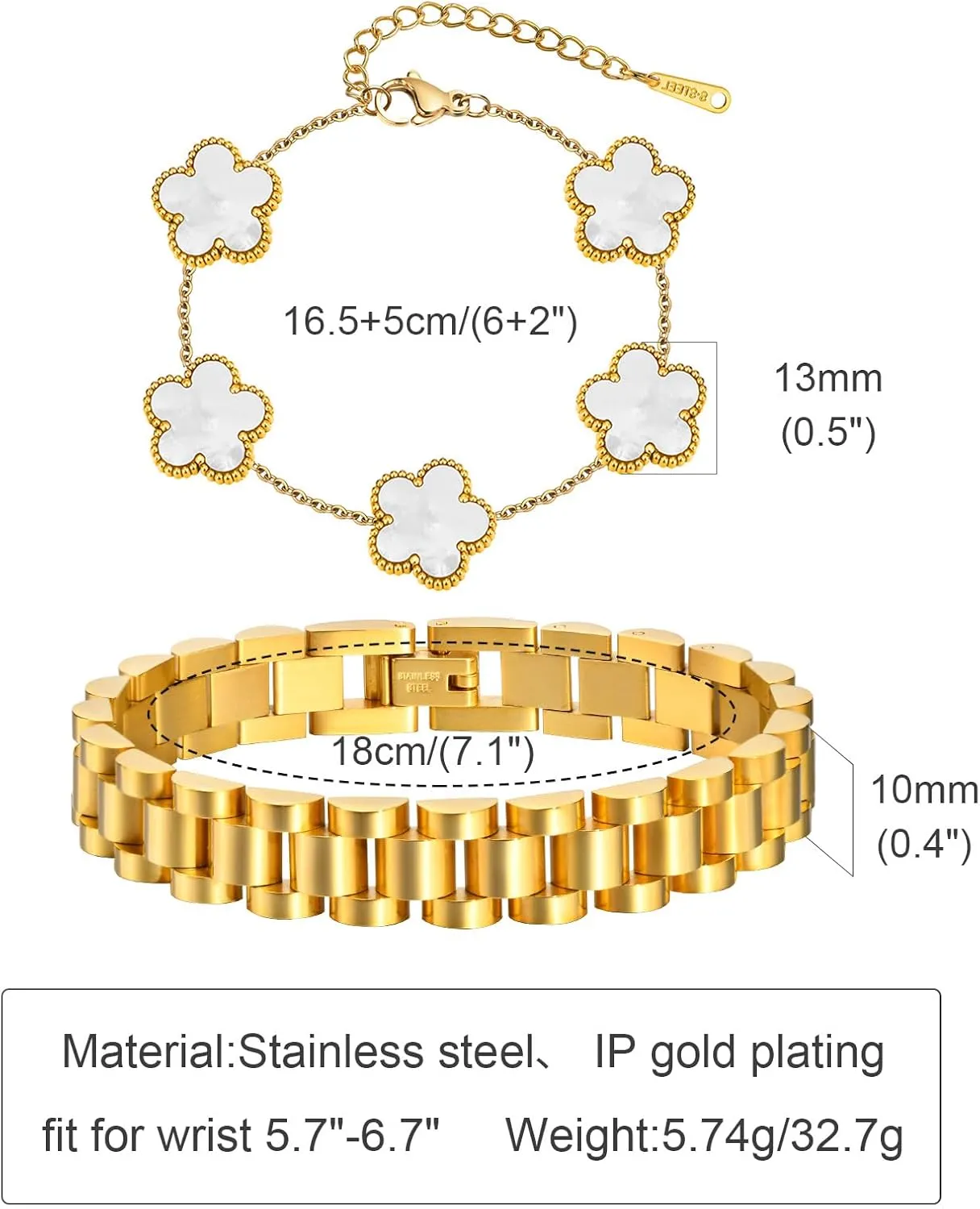 Stackable Gold Floral Bracelets Set , 2pcs 18K Gold Plated Bracelet Non-tarnish,Stainless Steel Link Chain Friendship Bracelet,Watch Band Trendy Jewelry,Christmas Valentines Birthday Gifts for Women