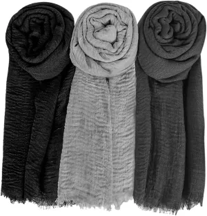 Summer Cotton Blend Crinkle Vintage Soft Scarf with Fringed Edges 35"  70"