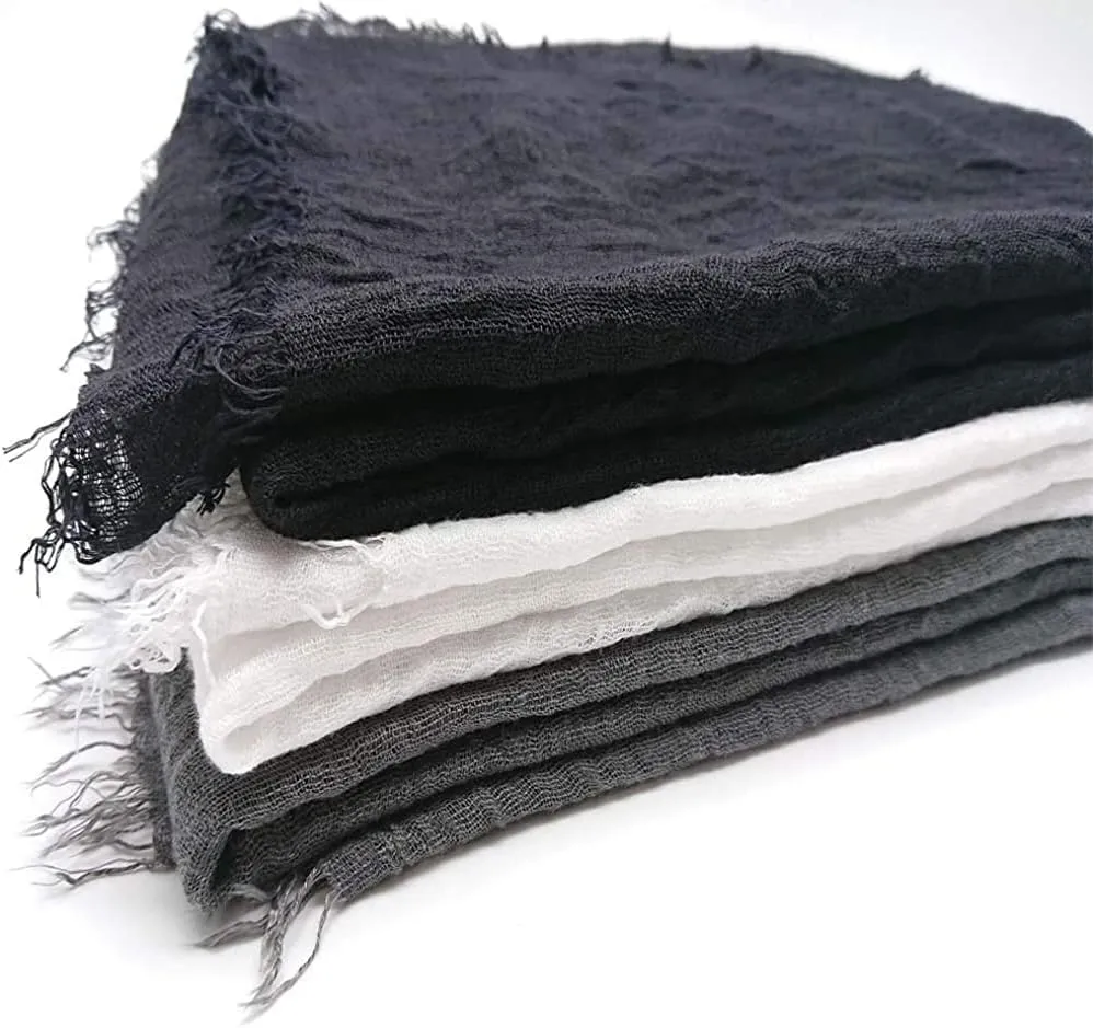 Summer Cotton Blend Crinkle Vintage Soft Scarf with Fringed Edges 35"  70"