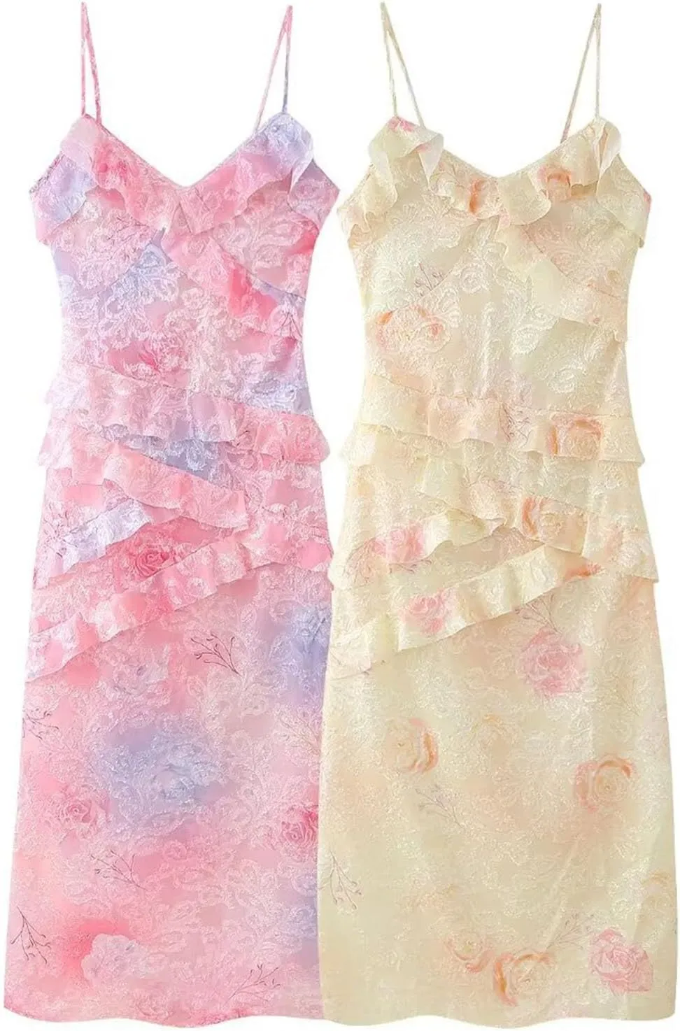 Summer Sleeveless Beach Dress, Floral Print Ruffle Trim Dress, V-Neck Backless Long Cami Dress