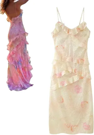 Summer Sleeveless Beach Dress, Floral Print Ruffle Trim Dress, V-Neck Backless Long Cami Dress