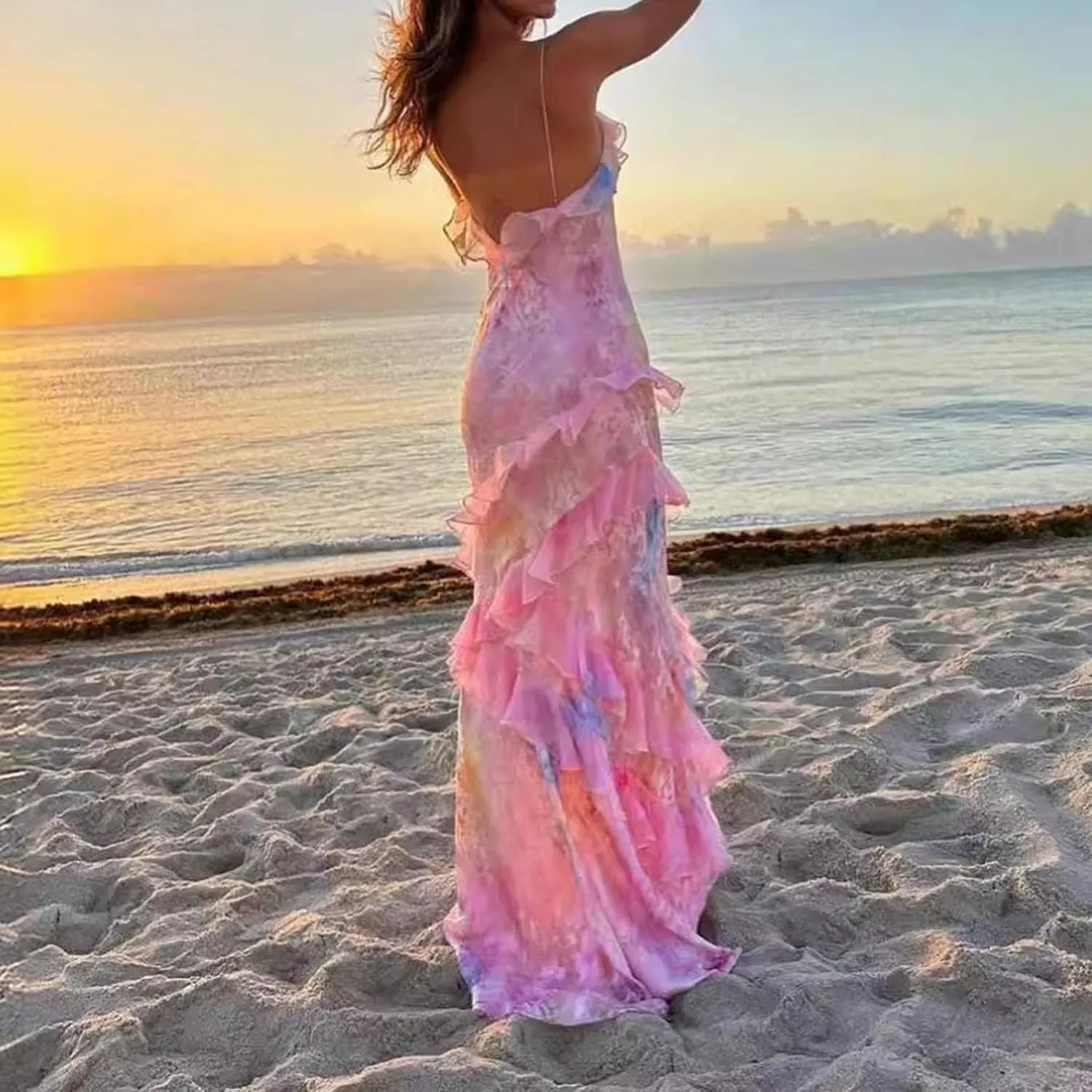 Summer Sleeveless Beach Dress, Floral Print Ruffle Trim Dress, V-Neck Backless Long Cami Dress