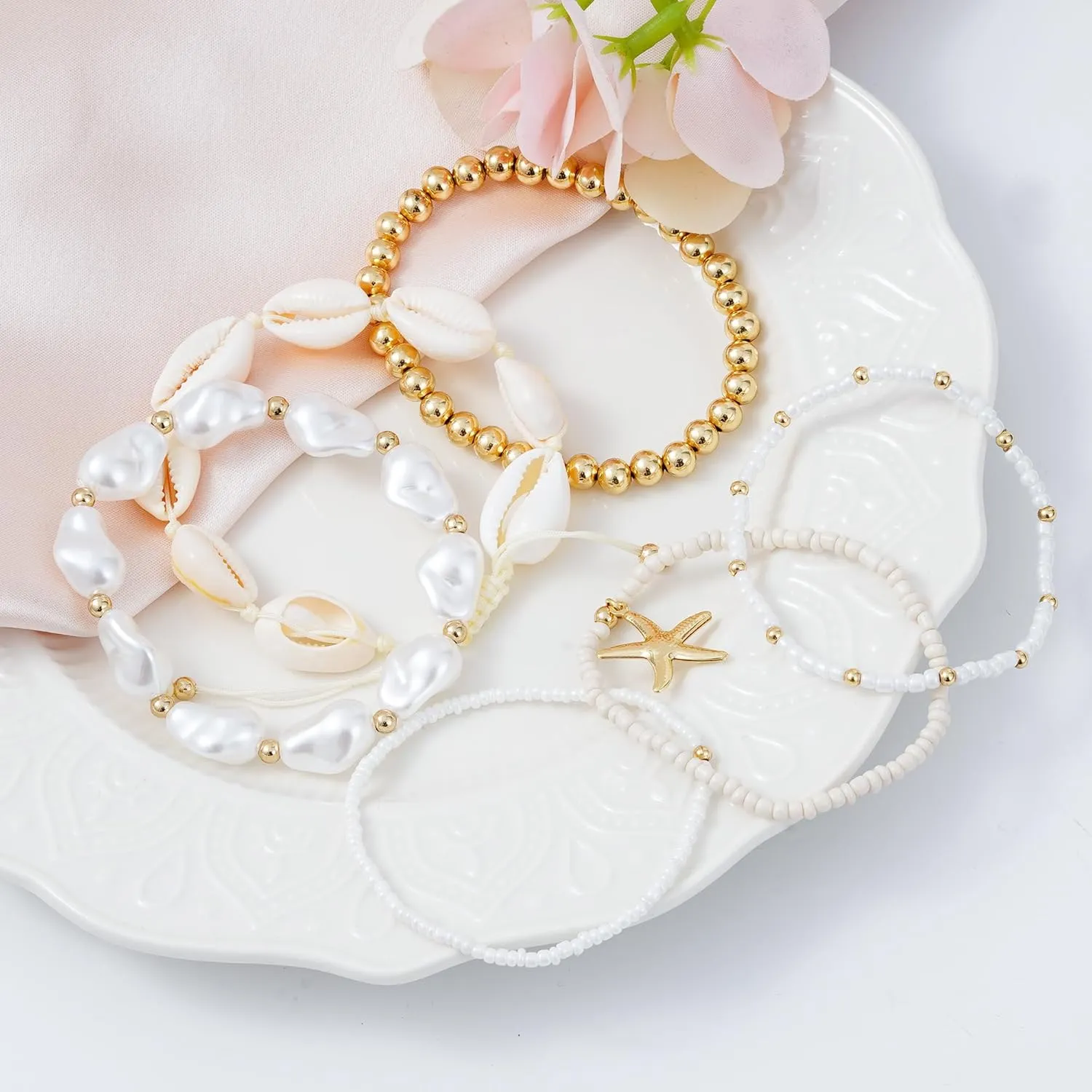 Summer Surfer Heishi Bracelet Set for Women Stackable Gold Clay Ploymer Bead Stretch Pink Beach Layering Bracelets Jewelry