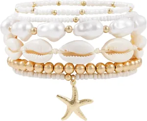 Summer Surfer Heishi Bracelet Set for Women Stackable Gold Clay Ploymer Bead Stretch Pink Beach Layering Bracelets Jewelry