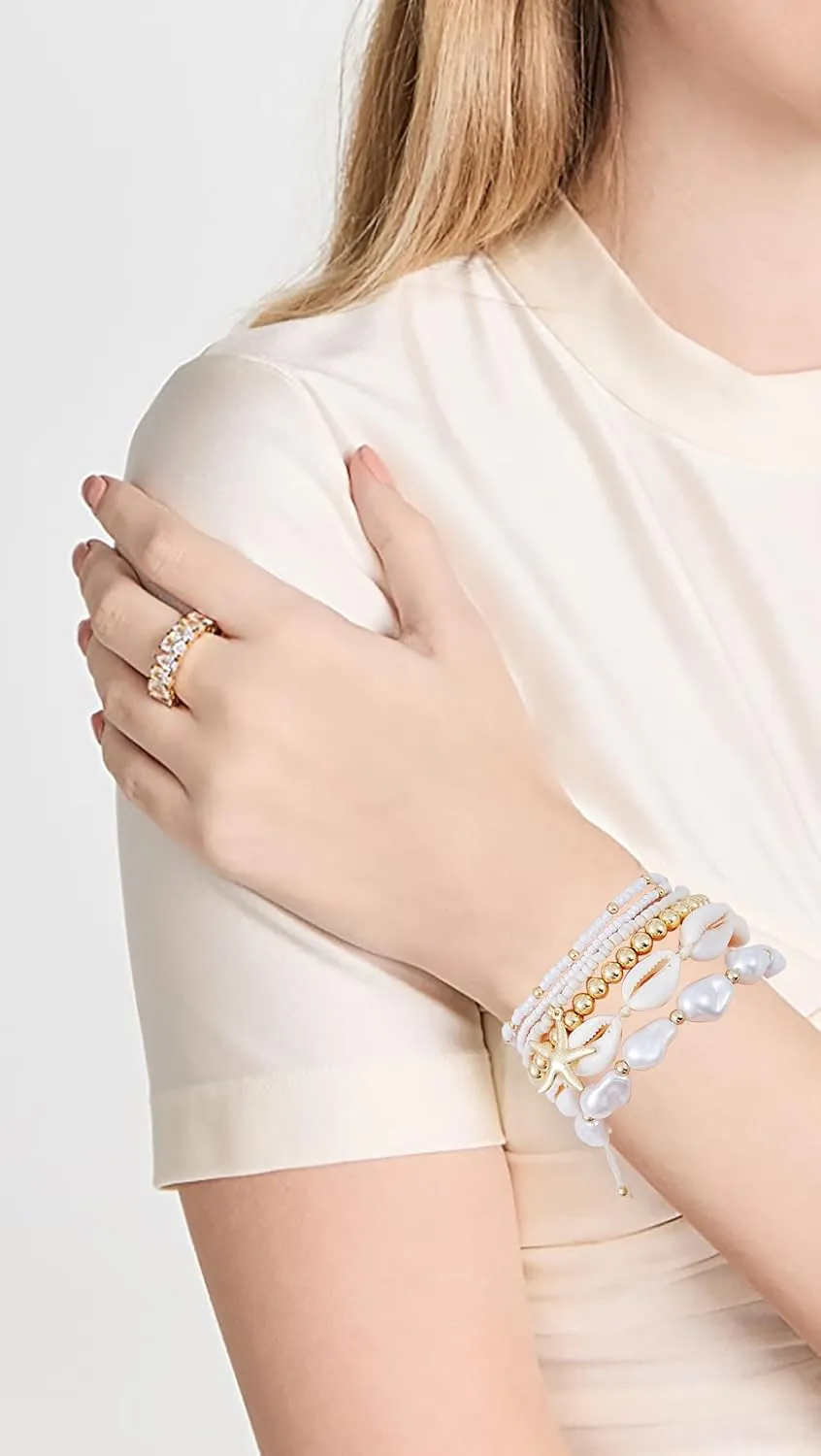 Summer Surfer Heishi Bracelet Set for Women Stackable Gold Clay Ploymer Bead Stretch Pink Beach Layering Bracelets Jewelry