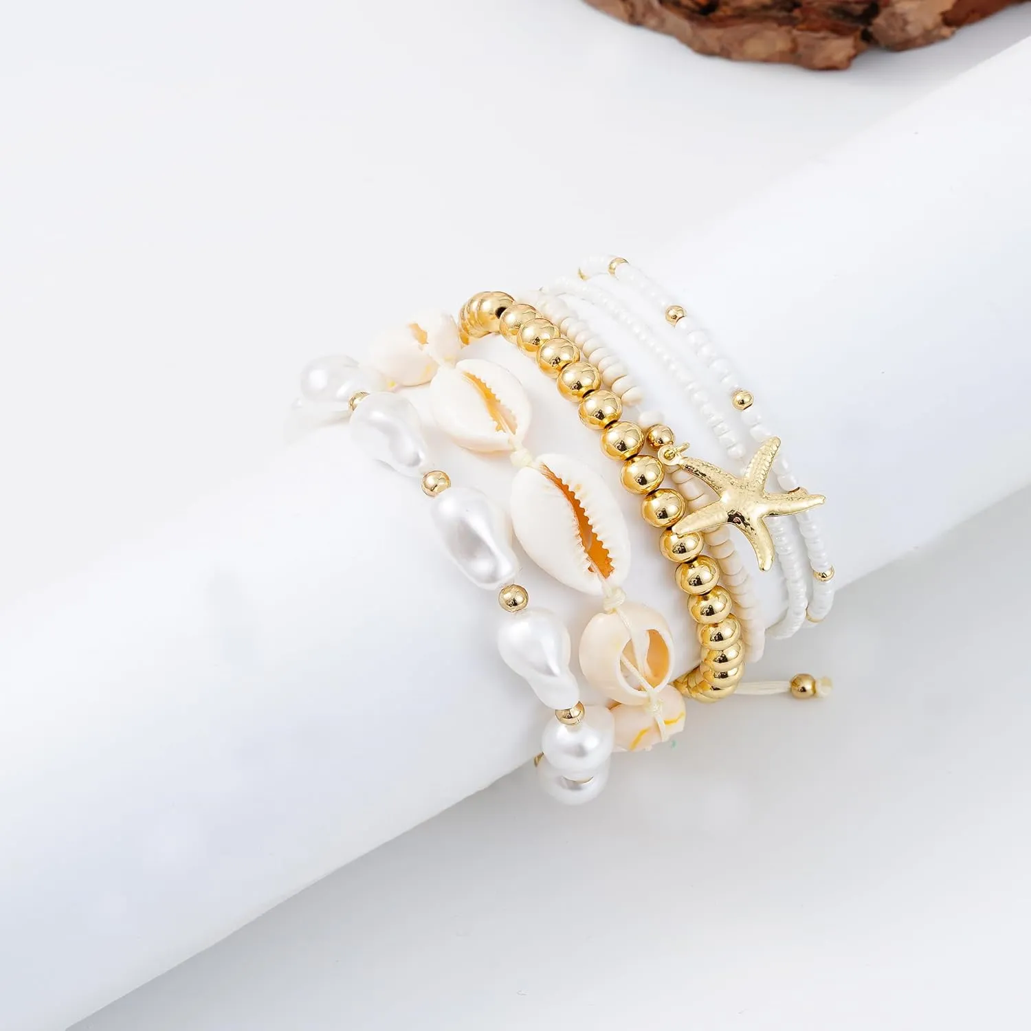 Summer Surfer Heishi Bracelet Set for Women Stackable Gold Clay Ploymer Bead Stretch Pink Beach Layering Bracelets Jewelry