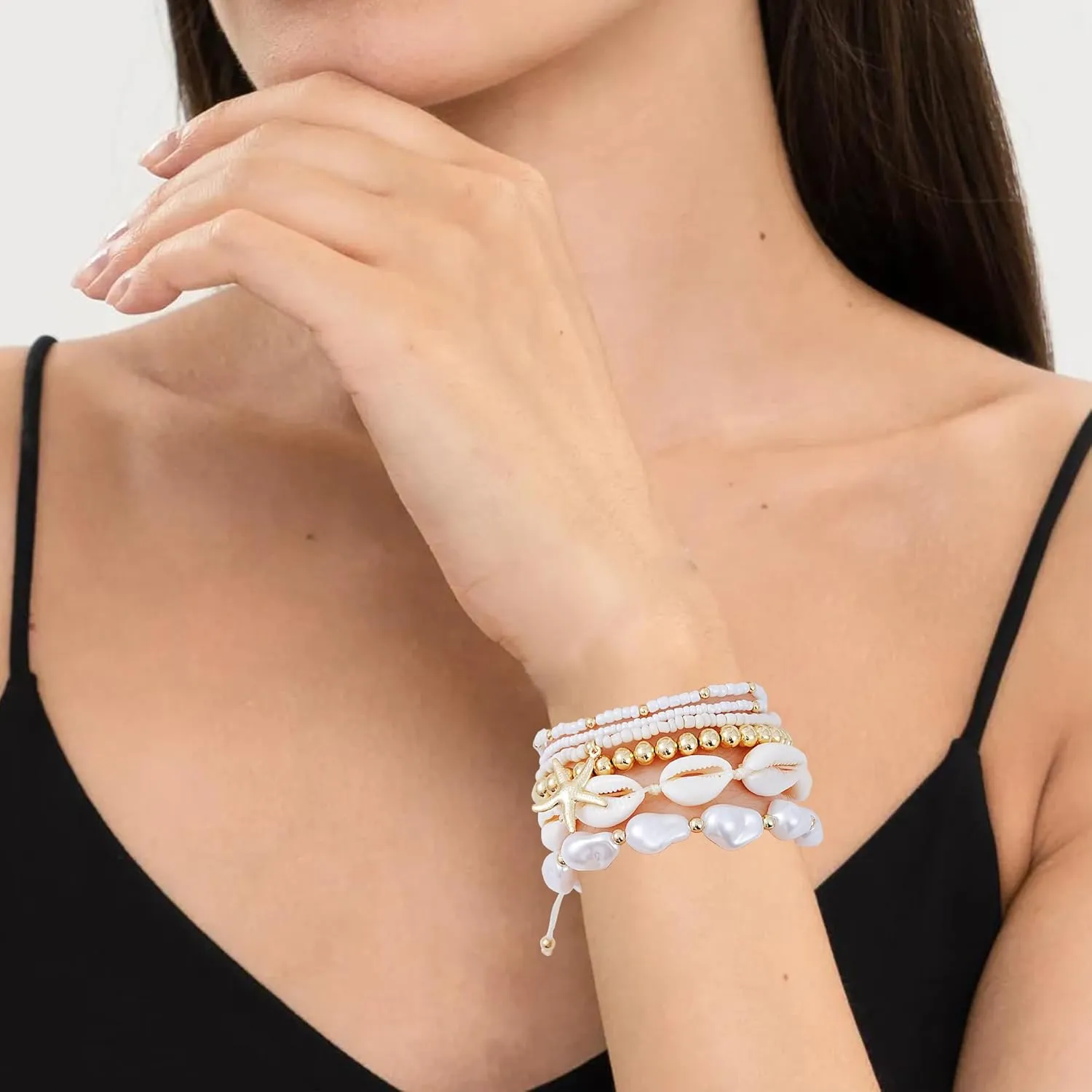 Summer Surfer Heishi Bracelet Set for Women Stackable Gold Clay Ploymer Bead Stretch Pink Beach Layering Bracelets Jewelry